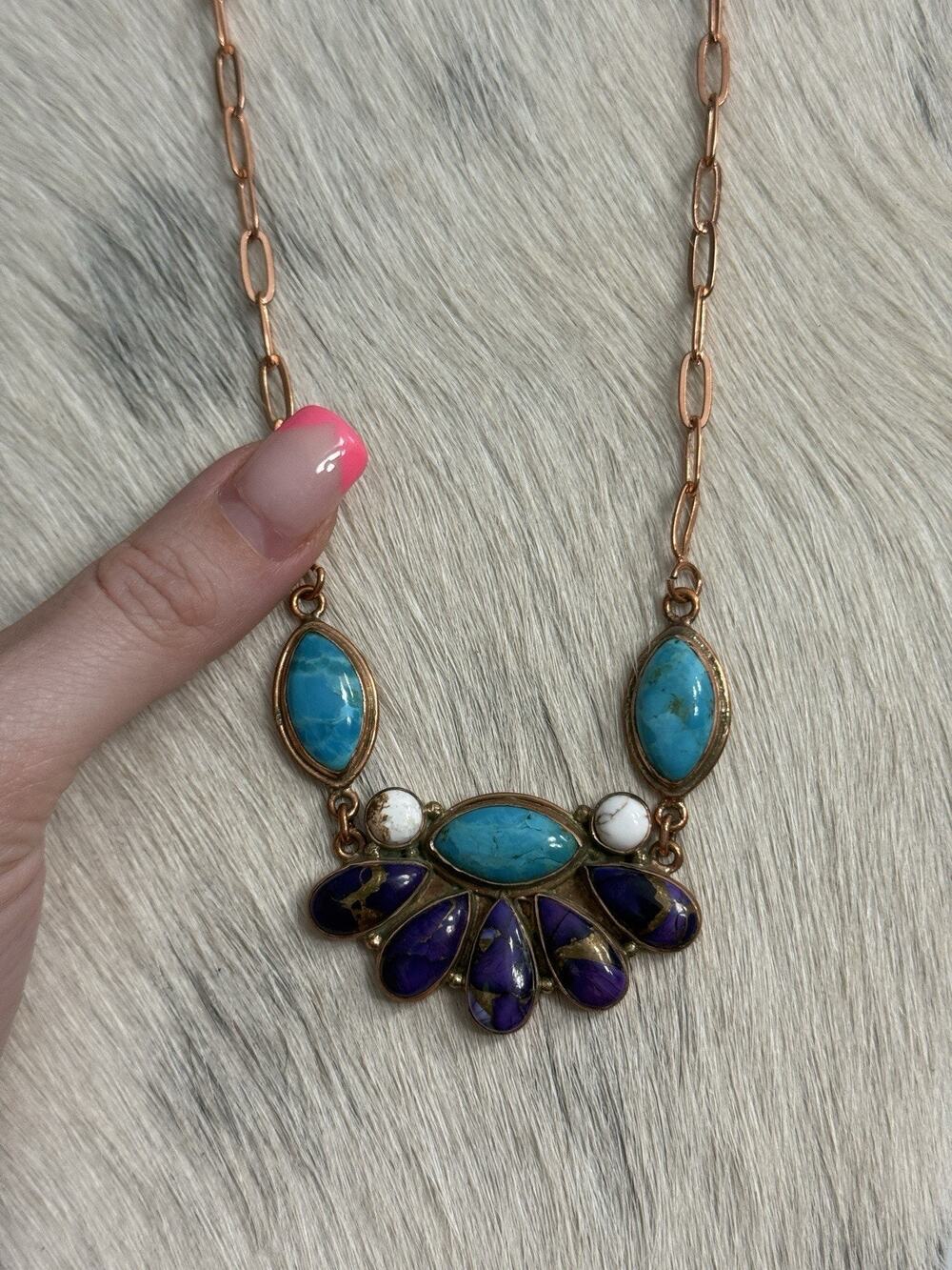 Copper Blue Turquoise Wild Horse Purple Mojave Dahlia Half Cluster Necklace 22”